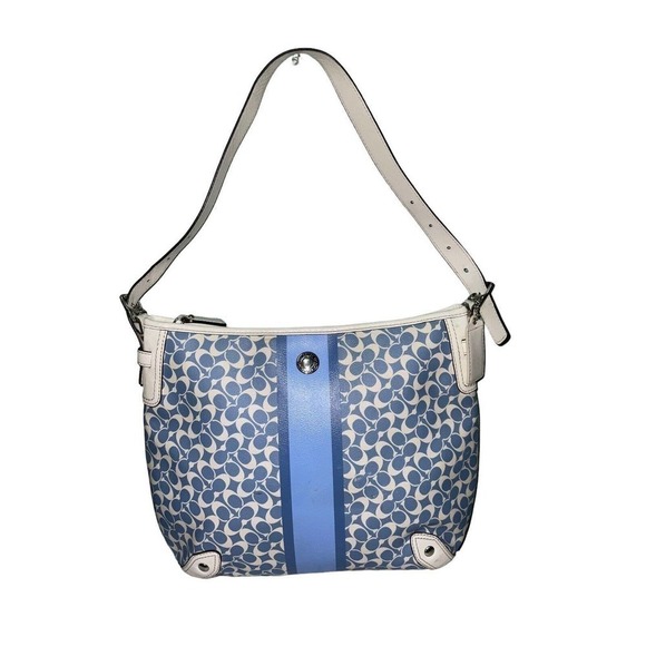 Coach Signature Logo Heritage Stripe Coated Canvas Tote Bag Blue White # F16191 - Picture 1 of 14